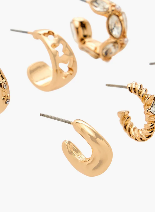 Flora Bella By Shoexpress GOLD Pack Of 6 Gold Tone Embellished Hoop Earrings With Pushback Closure for Women | Best Price UAE